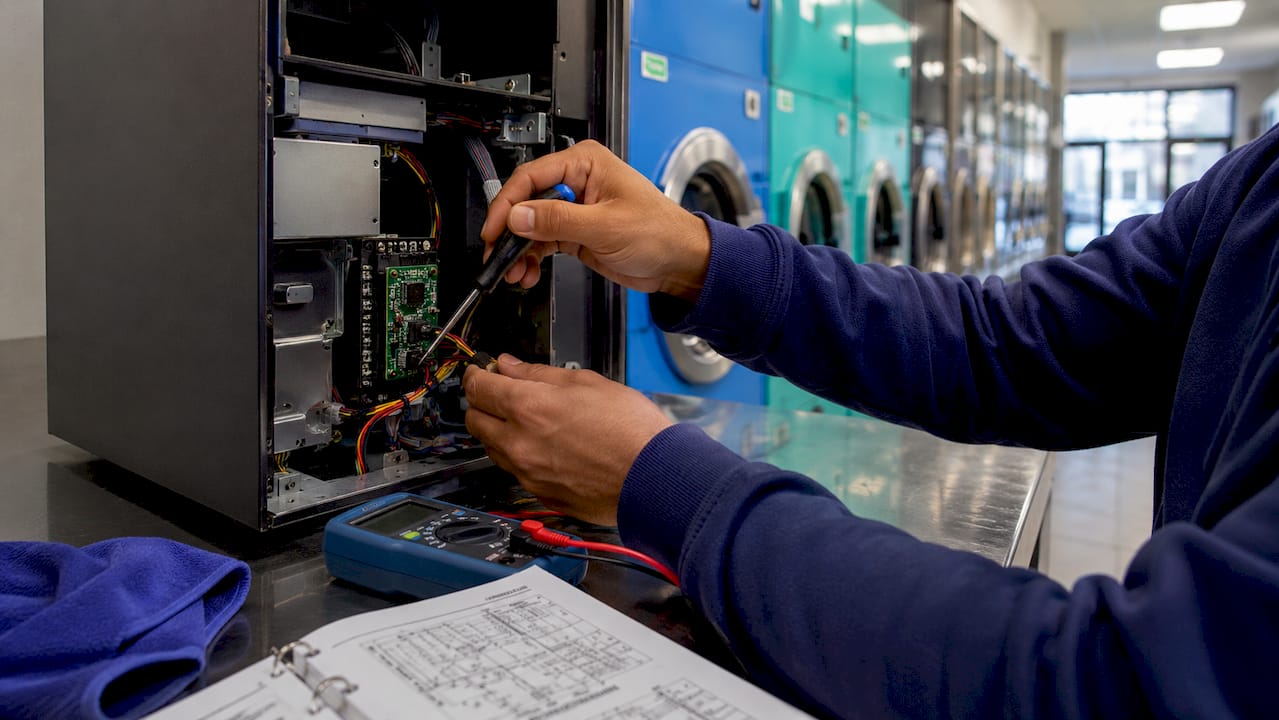 Technician repairing laundromat ticket machine wiring