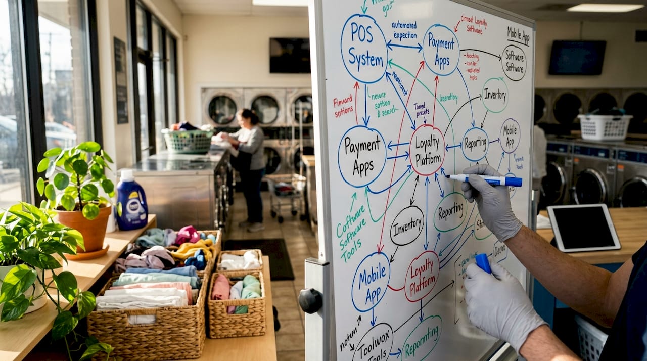 Close-up of whiteboard mapping laundromat software fragmentation
