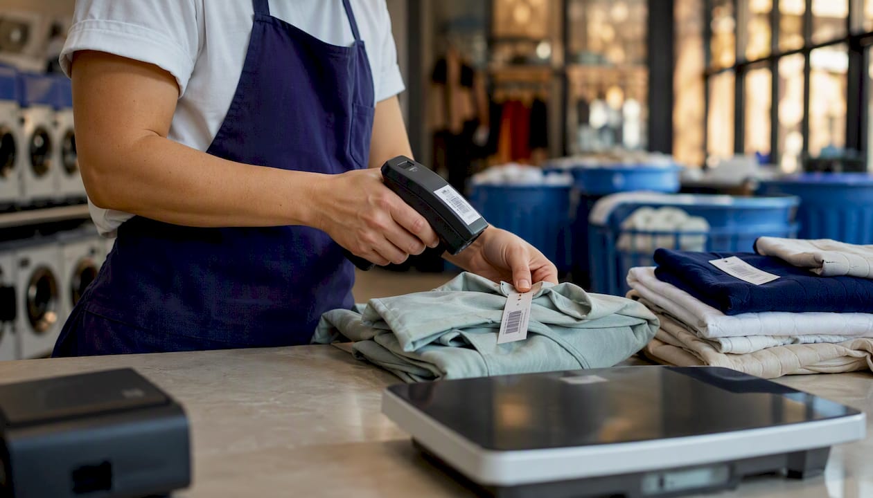 Attendant tagging garment at laundromat counter