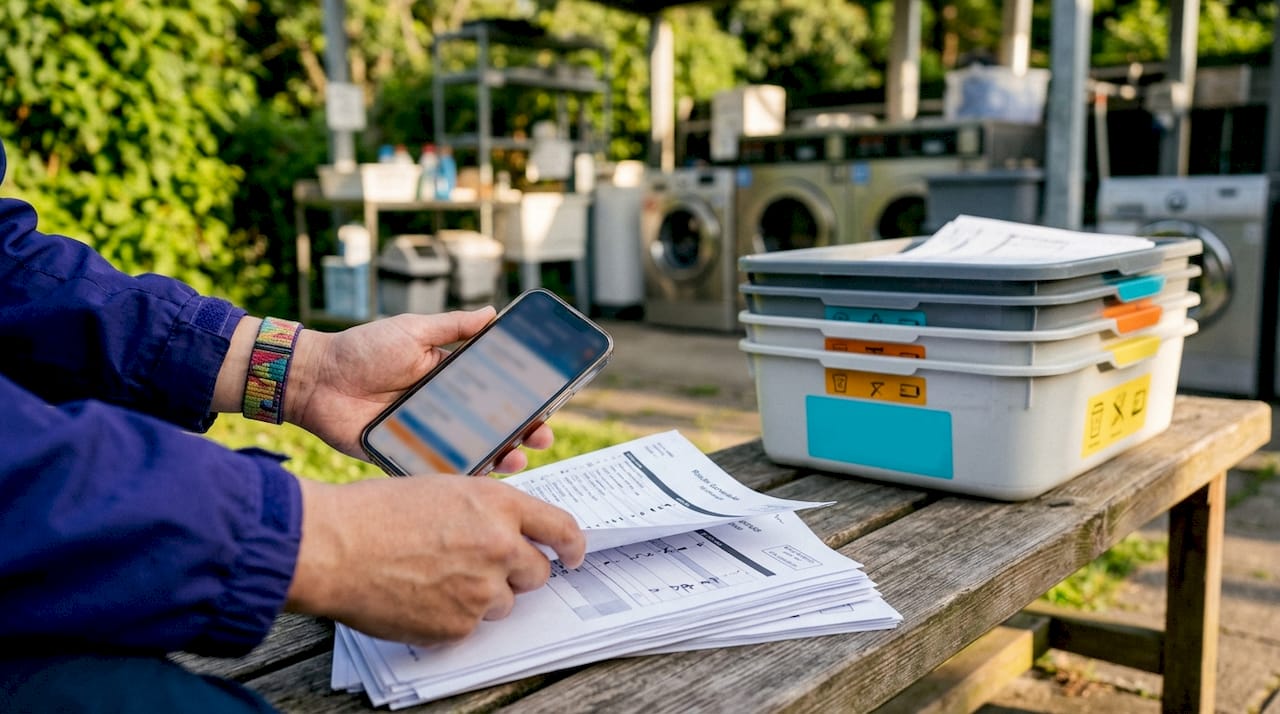 Hands using scheduling app with laundry route sheets