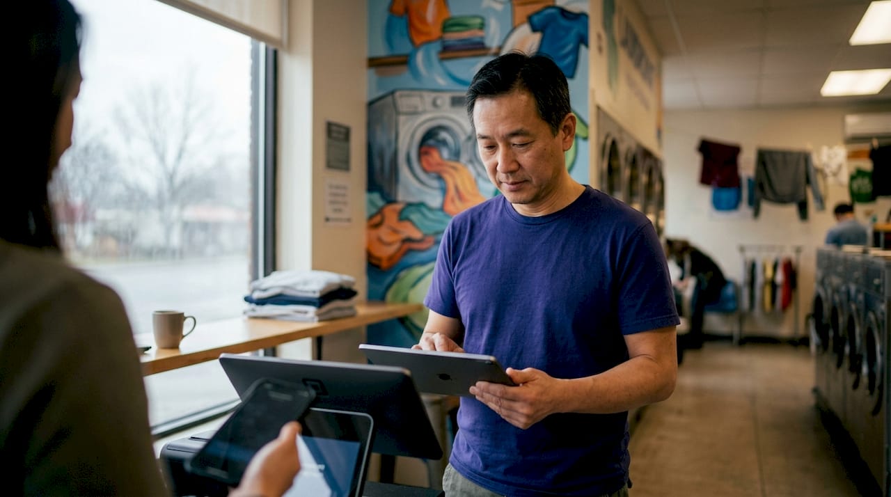 Laundromat owner sending digital receipt