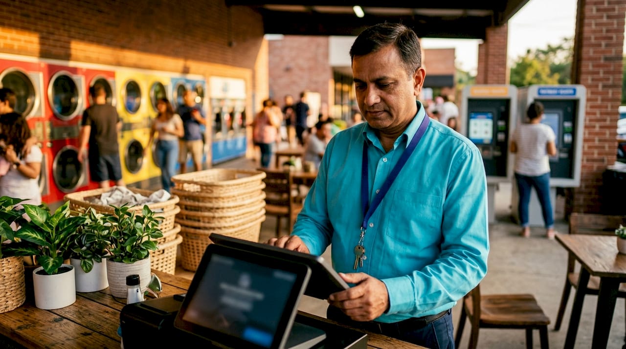 Laundromat owner using browser POS at counter
