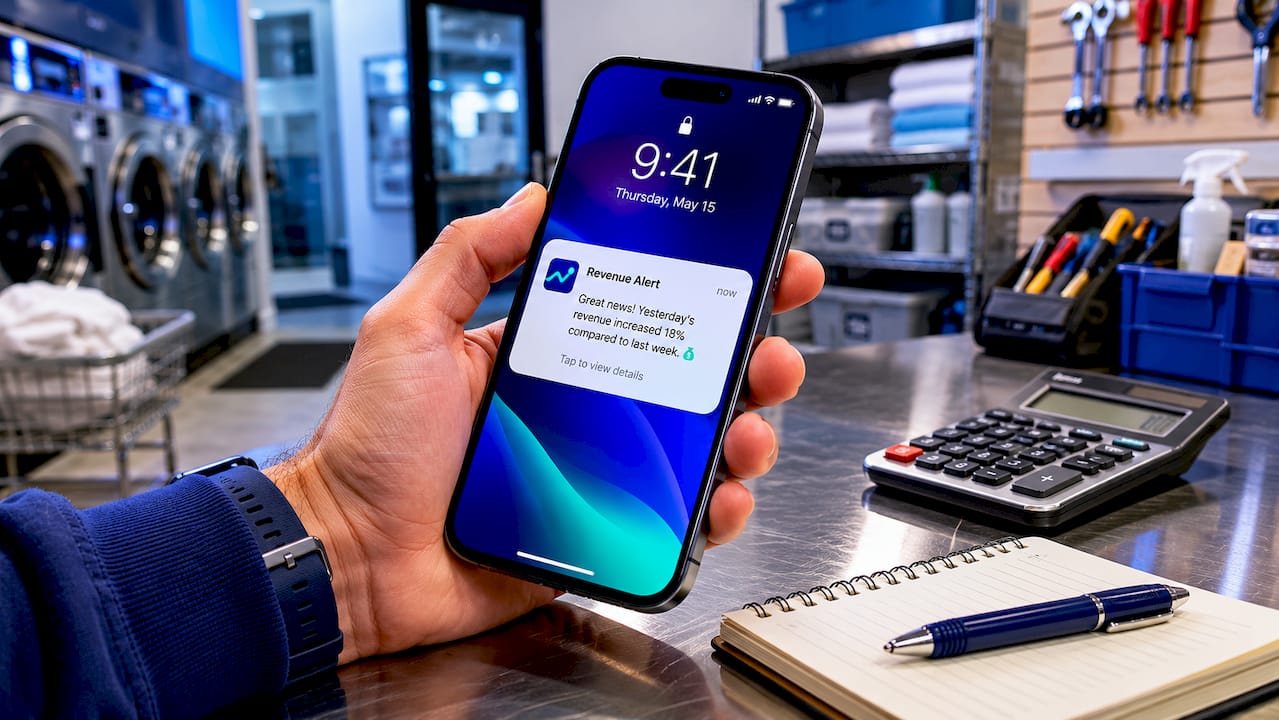 Hand checking revenue alerts on phone in laundromat