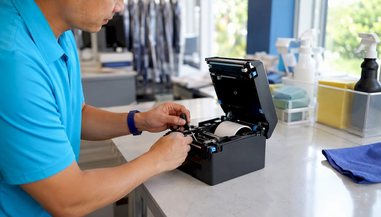 Technician maintaining thermal printer parts